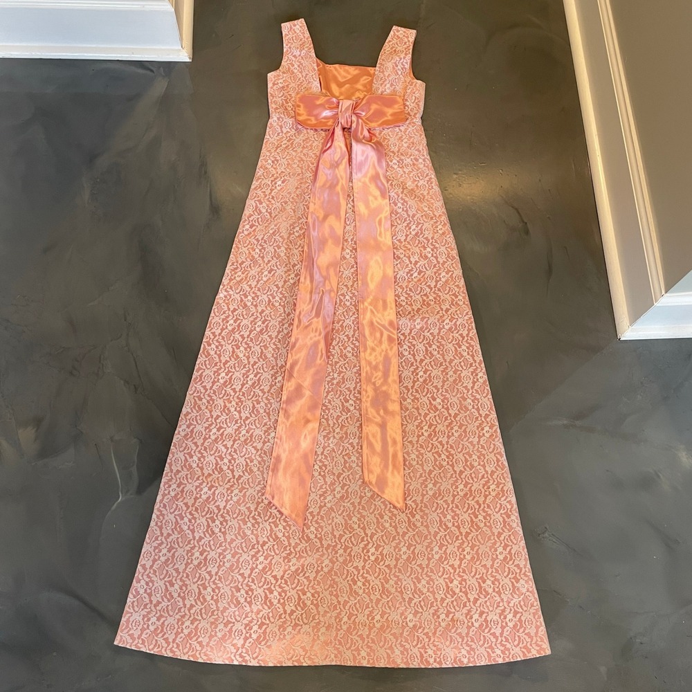 VTG Pink Floral Lace Maxi Dress Sleeveless Satin Back Bow Square Neck Gown S